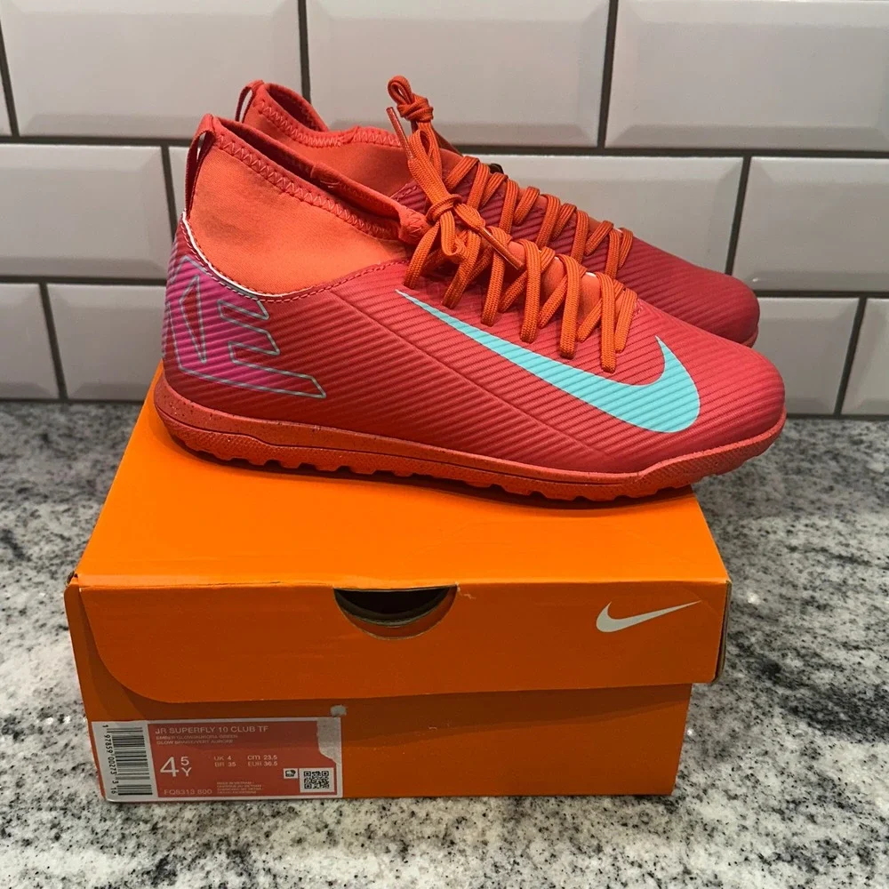 Nike Kids 4.5Y Superfly 10 Club TF Soccer Cleats Ember Glow Aurora Green FQ8313